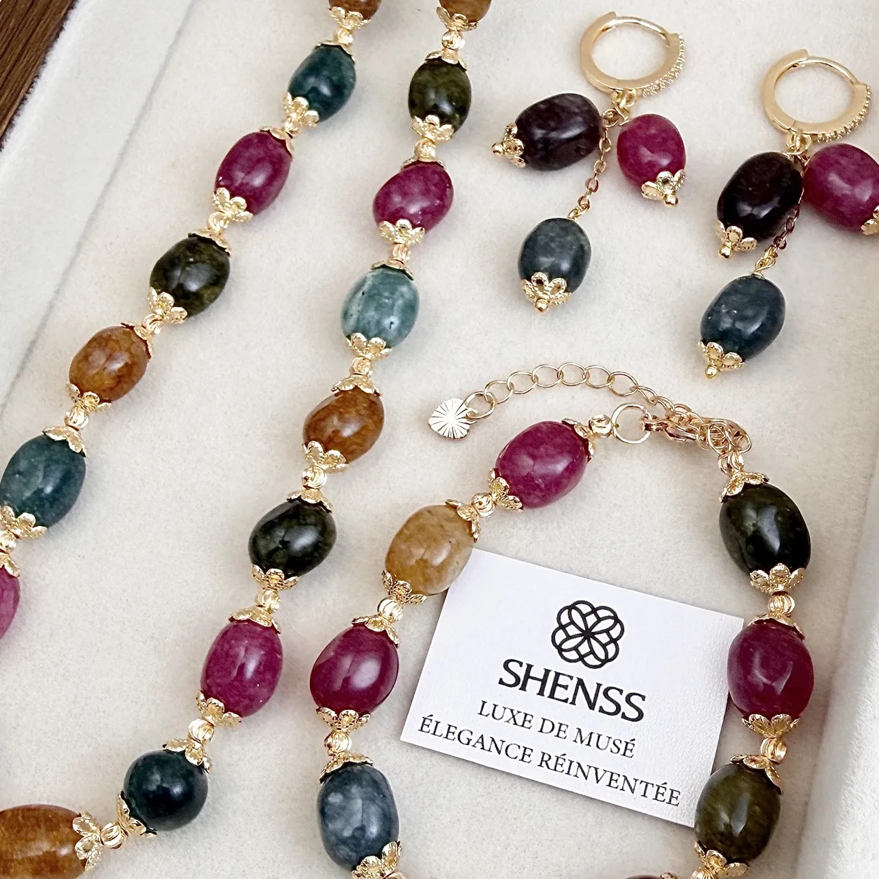 Vintage Colored Natural Stone Necklace Bracelet Earrings Set Minimalist Luxury High-End Temperament Versatile Jewelry Set