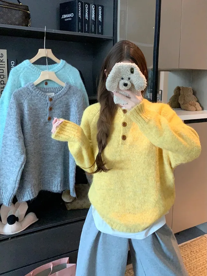 

plus Size Women's Korean Style Slimming Knitwear round Neck Loose Fit Inner And Outer Wear Casual Lazy Style Long Sleeve Top