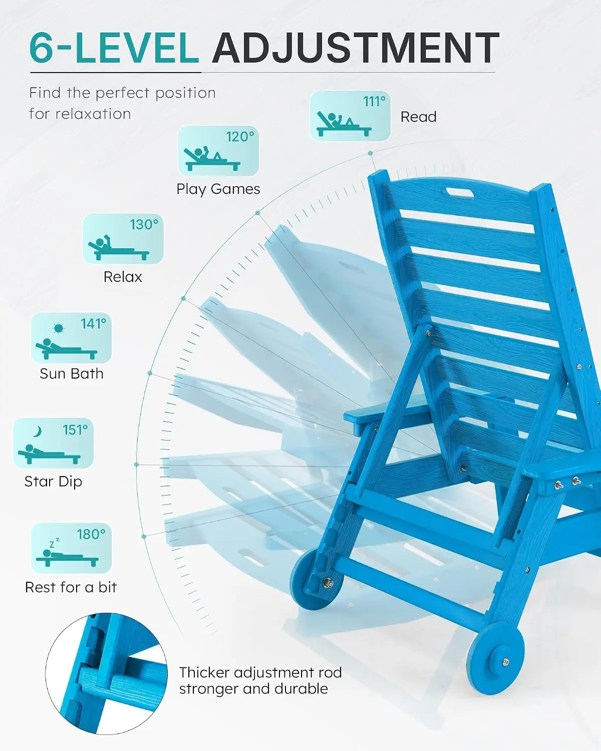 Oversize Patio Chaise Lounge with Wheels, Wood Texture  6-Position Adjustable Poolside Deck Beach Chair, Customized