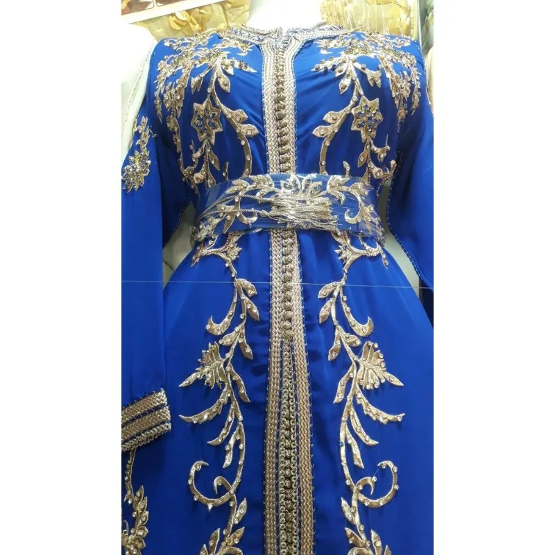 Luxury Blue Kaftan Handmade Farasha Beaded Zircon Decoration Wedding Dress Dubai Caftan with Belt Embroidered 2 Pieces