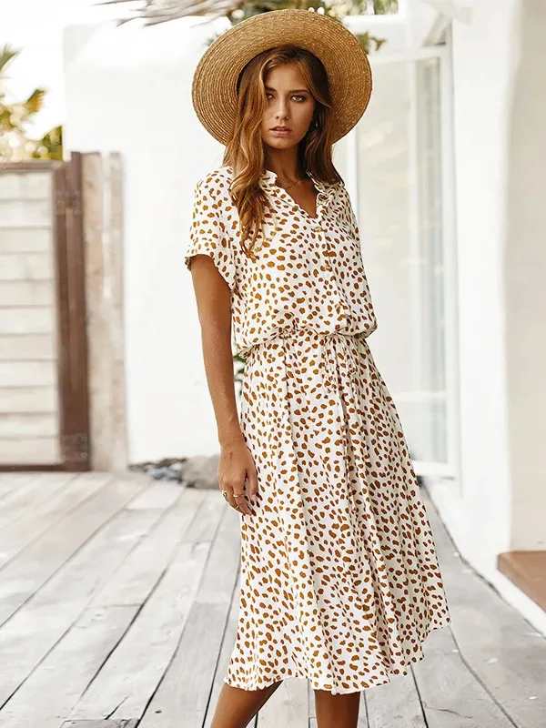 Vintage Floral Print Kleid Frauen Boho Kurzarm Langes Kleid Drehen Unten Kragen Casual Bund Hemd Kleider Robe Sommer M5H1