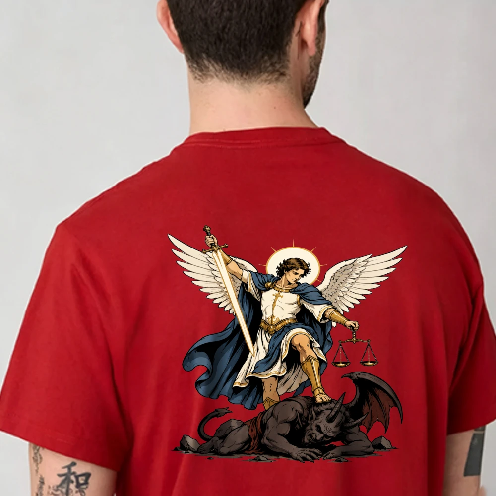 Archangel Michael Sword Balance Subdue Demon Retro Angel Print T Shirt Red Cotton Crew Neck Religious Myth Streetwear Unisex Tee