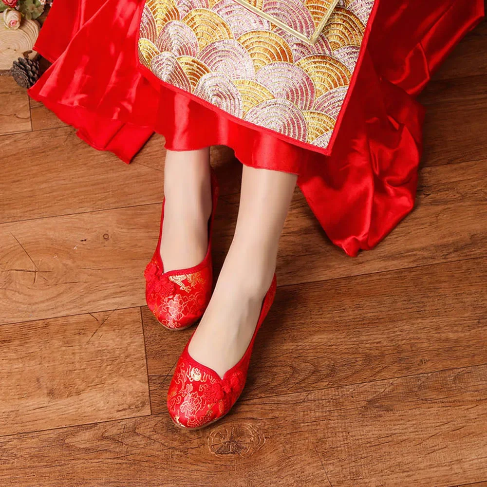 TIMETANG Women Red Flats Shoes Old Beijing National Single Shoes Chinese Wedding Bride Dragon Phoenix Embroidery Shoes E204