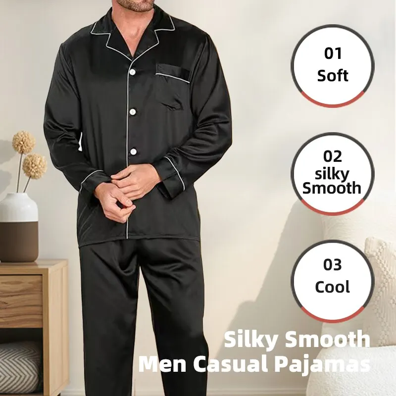 Pijamas de seda de hielo para hombre, ropa de dormir, conjuntos de camisón, negro, azul, L, XXL, 3XL, 4XL, manga larga, pantalones lisos, Color sólido