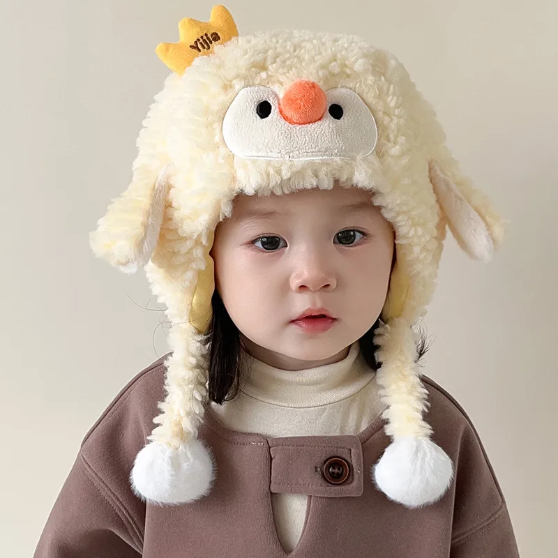 1-3 Year old Baby Hat Winter Thick Plush Hat Cute Boys and Girls Ear Protection Head Cap Winter Warm Cartoon Toe Cap Baby Coffee