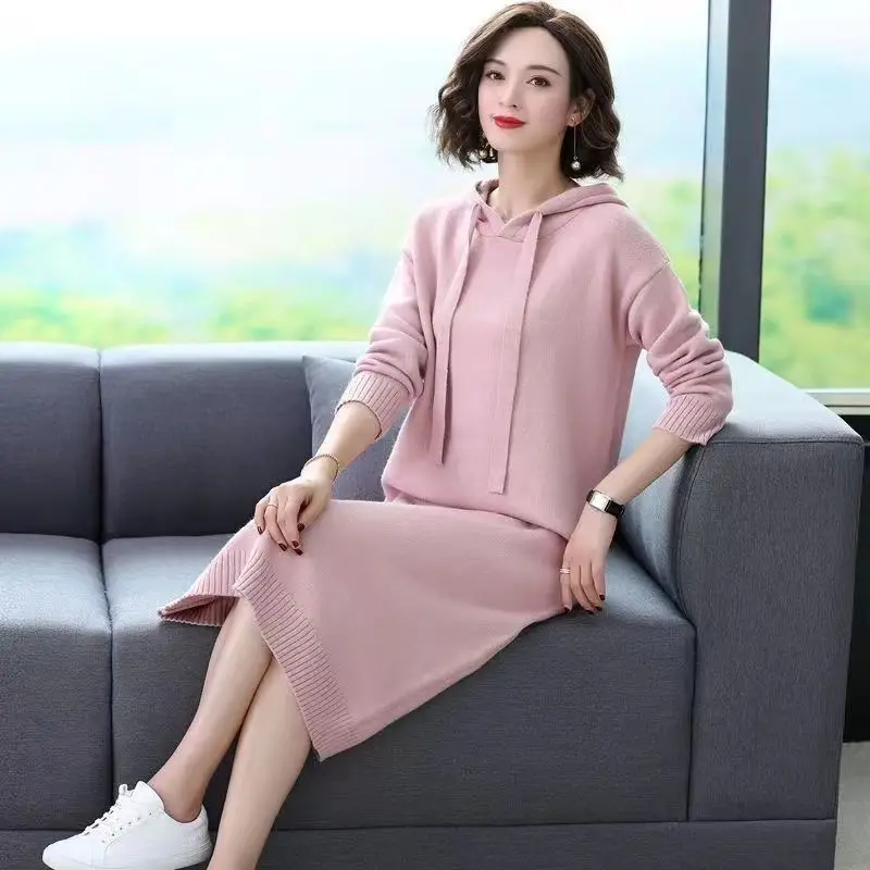 Hooded Knitted Dress Hoodie New Loose Fashion Long Style Over Knee Outer Woolen Dress Women's Trendy