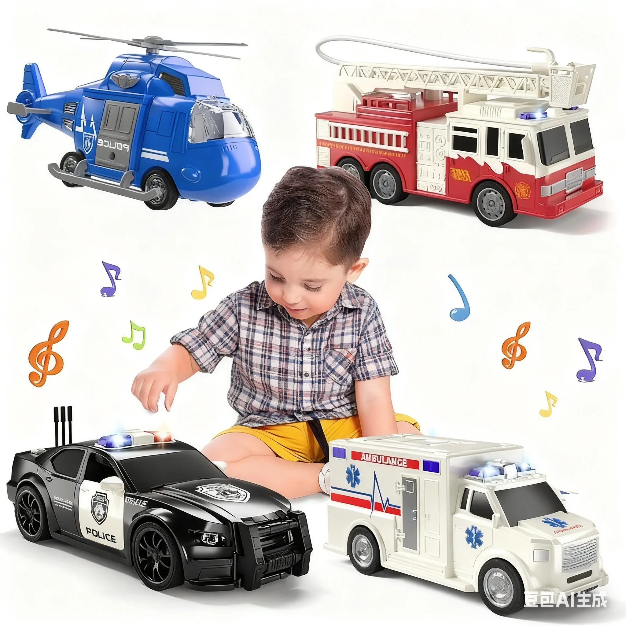 

Kids Rescue Vehicle Playset (4 Pieces) - Friction Inertia Police Car Fire Truck Ambulance Helicopter Toy