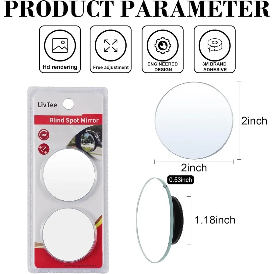 مرايا النقطة العمياء الزجاجية المستديرة عالية الدقة مقاس 2 بوصة - عصا قابلة للتعديل لشاحنات سيارات الدفع الرباعي، رؤية خلفية بزاوية واسعة (عبوة من قطعتين)