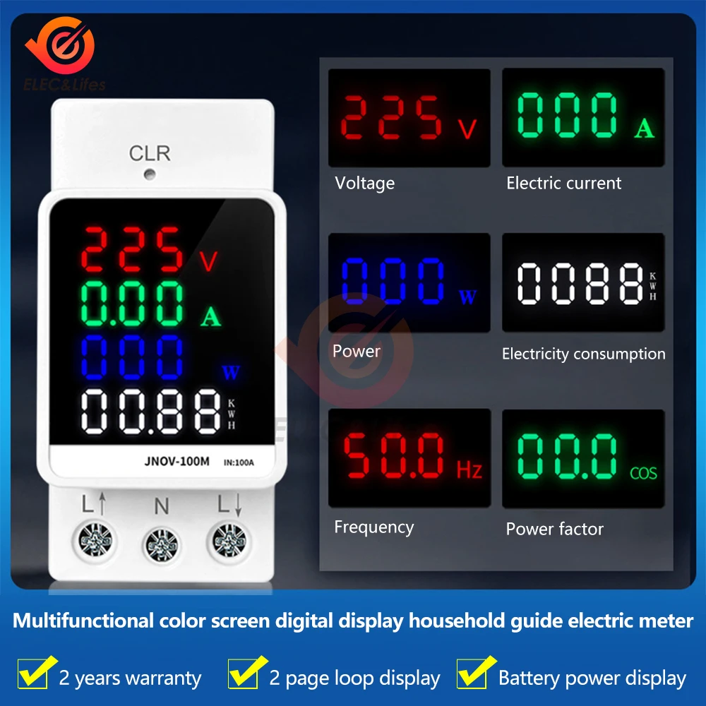 4 IN 1 Din Rail AC Monitor 110V 220V 100A Voltage Current Power Factor Active KWH Electric Energy Frequency Meter VOLT AMP