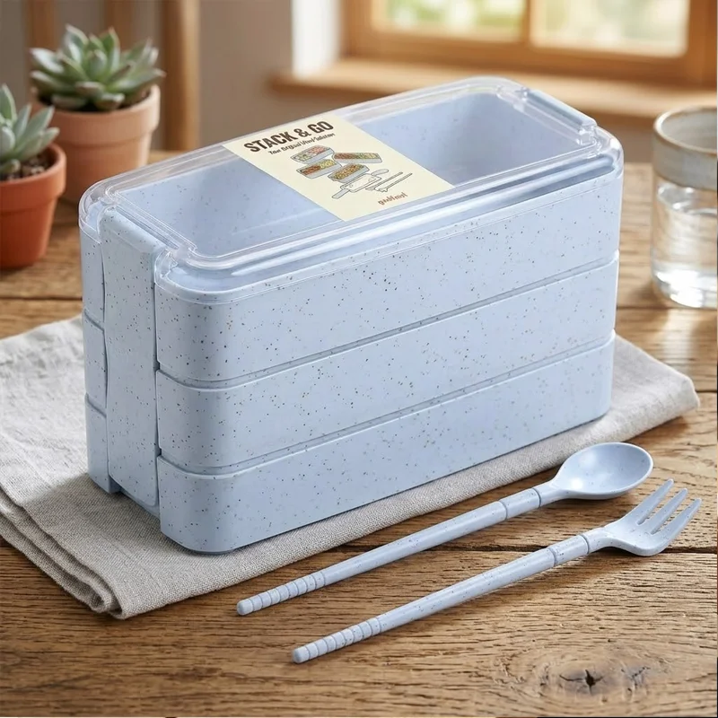 3 Layer Lunch Box Wheat Straw Microwave-Safe Leak-Proof Portable Bento for Kids School Office Food Storage with Cutlery Yunliwei