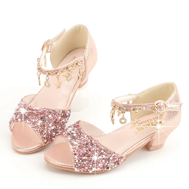 Children\'s High Heels Fashion Sweet Tassel Square Heel Crystal Shoes Summer Girls Golden Performance Leather Shoes 3-12 Years