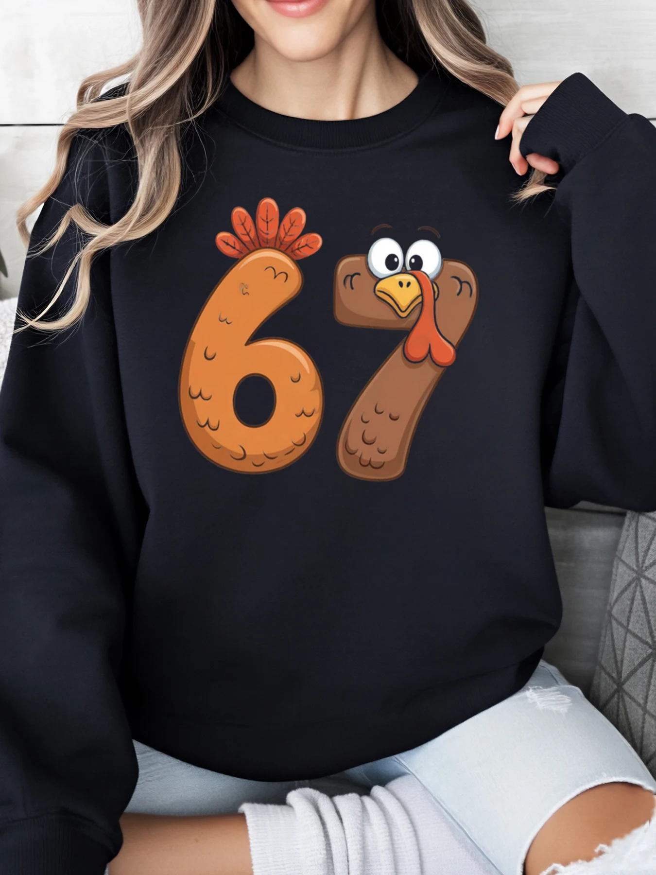

Turkey 67 Print Thanksgiving Sweatshirt Women Casual Wear Festival Outfit Black Plus-Size