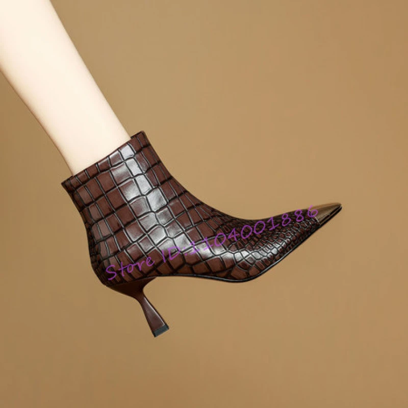 الخريف الشتاء الرجعية أشار تو أحذية بوت قصيرة موضة مثير المعادن تصميم الجانب سستة عالية الكعب مأدبة الحفلات النساء الأحذية المرنة #5