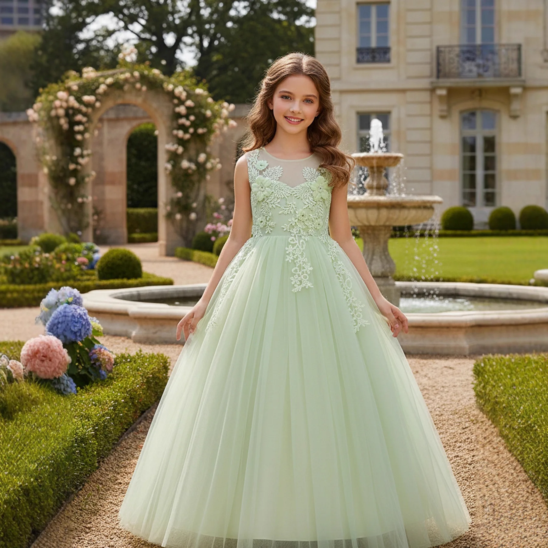 فستان الأميرة الأنيق للأطفال مطرز بالزهور من التول للفتيات لحفلات أعياد الميلاد وحفلات الزفاف وحفلات التواصل الأول فستان ماكسي #4