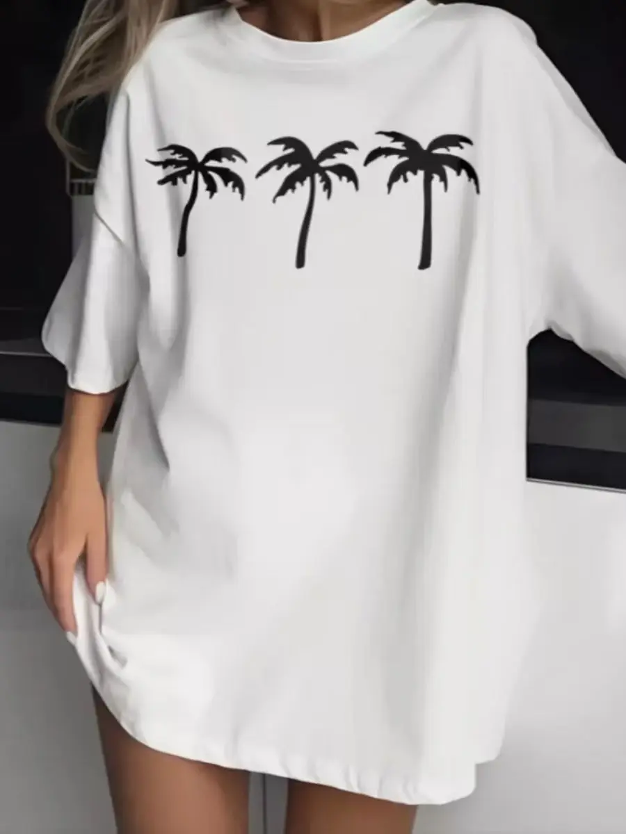 

New White Coconut Print Cotton Tshirts Women Casual Short Sleeve Casual Ins Loose Shirts Oversize Goth Tshirt Women Summer 2024