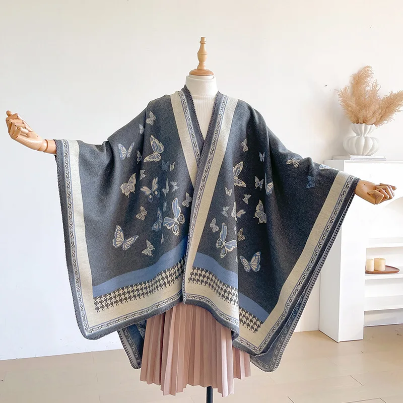 Autumn and Winter New Ethnic Warm Imitation Cashmere Scarf Women Double-sided Butterfly Thickened Scarves Shawl Cape Outside