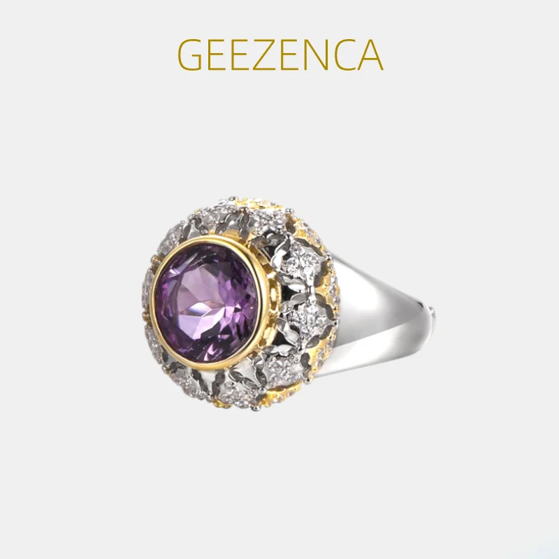 

GEEZENCA Luxury Natural Amethyst 925 Silver Hollow Out Women's Ring Vintage Purple Gemstone Two Tone Plated Open Ring 2023 New