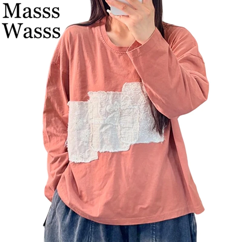 Masss Wasss 2026 Spring British Classic Patchwork Clothes Women Fashion Casual Vintage T-shirts Ladies Loose Elegant O Neck Tops
