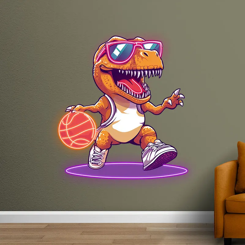 Dinosaur Playing Basketball Cartoon Neon Sign, Playroom Wall Decor, Perfect Gift For Basketball & Dinosaur Lovers