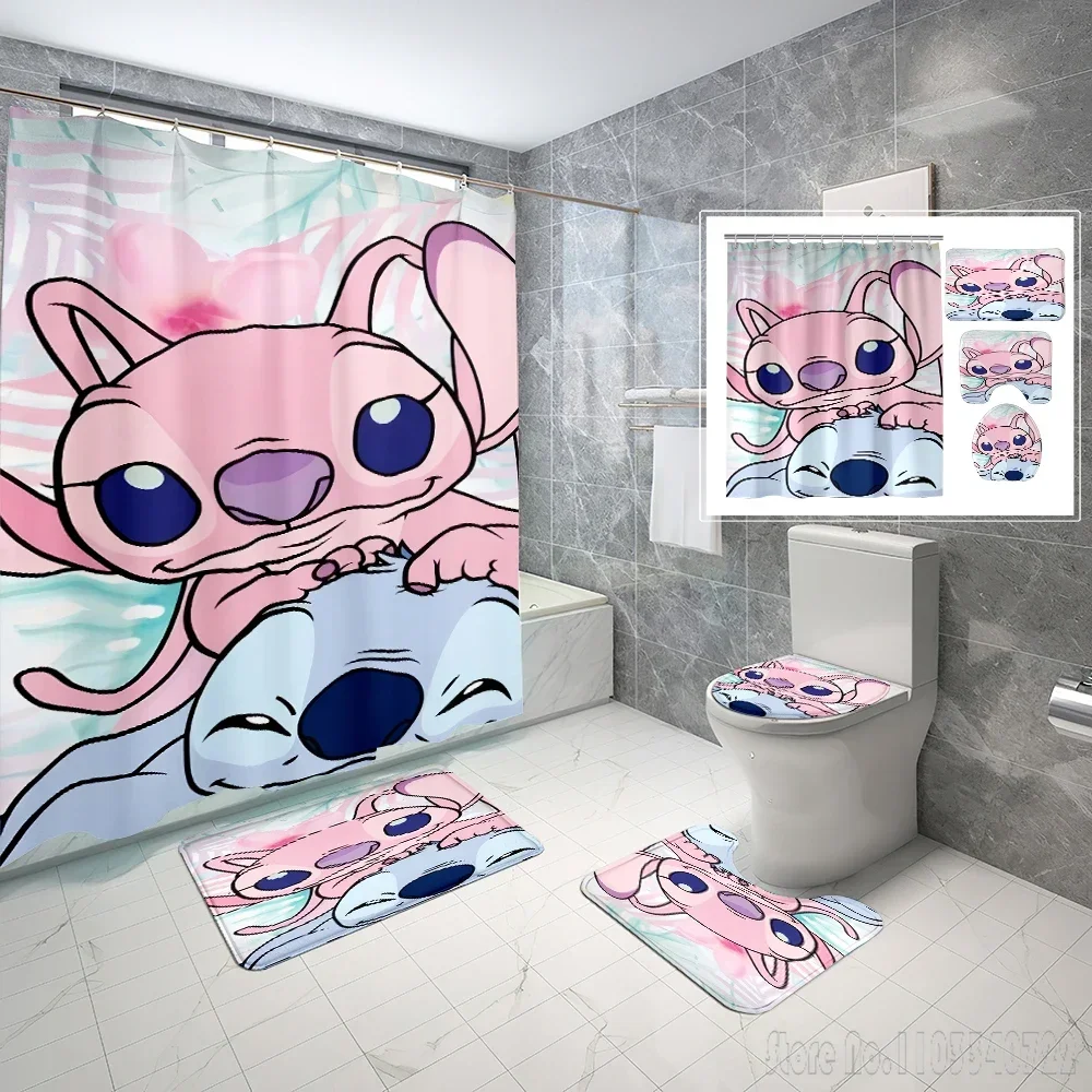  Stitch Angle Bath Shower Curtain Set 4pcs with Hooks Cartoon Decor Bathroom Toilet Mat Lid