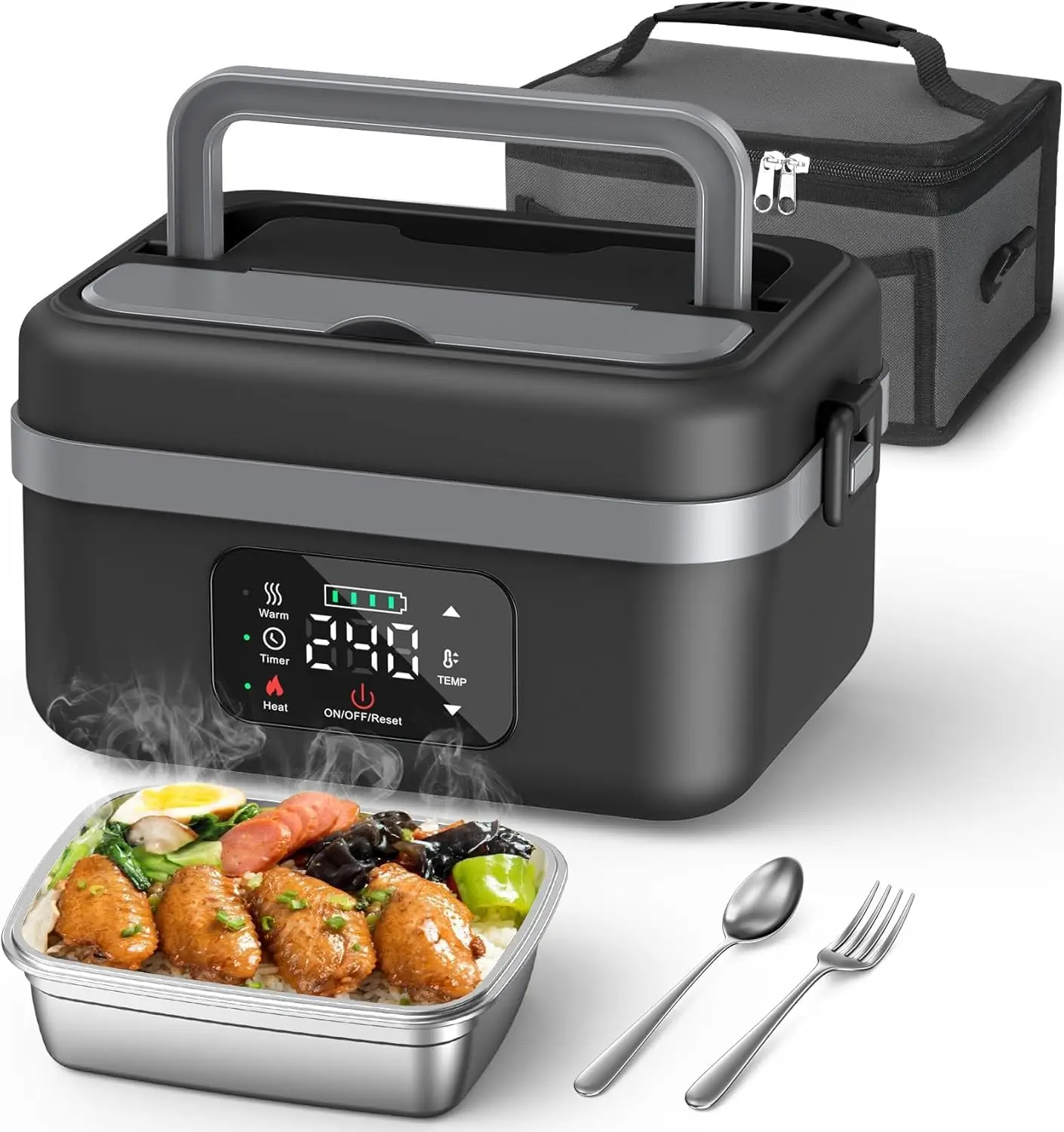 

Portable Cordless Electric Lunch Box, 16000mAh Self-Heating Food Warmer with Timer; Adjustable Heating, 34oz/1L Container