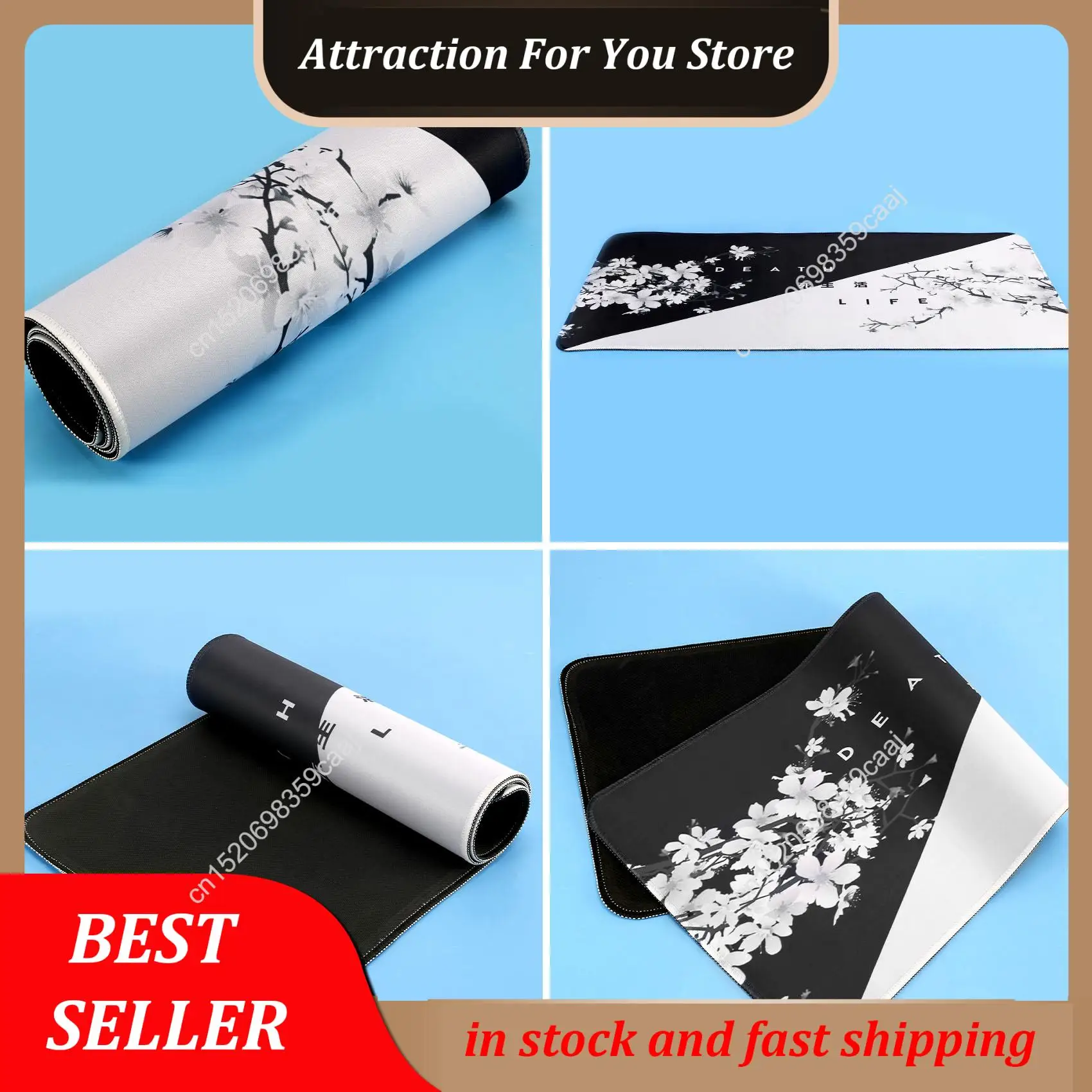 لوحة ماوس ألعاب زهر الكرز باللونين الأبيض والأسود الأكثر مبيعًا، وسادة مكتب كبيرة على شكل حصيرة ماوس، لوحة ماوس بحواف مخيطة، 31.5 × 11.8 بوصة