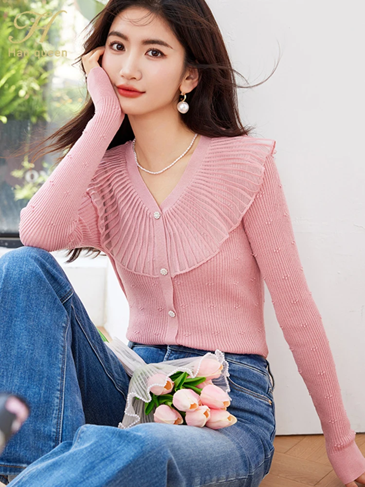 H Han Queen Autumn Winner Fashion Buttons Pullover Sweater Womens Vintage Casual Tops Woman Clothing Chic Basic knitted Sweaters