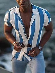 Summer men's Hawaiian shirt casual short sleeve 5-color striped 3D printed button lightweight oversized clothes 5XL