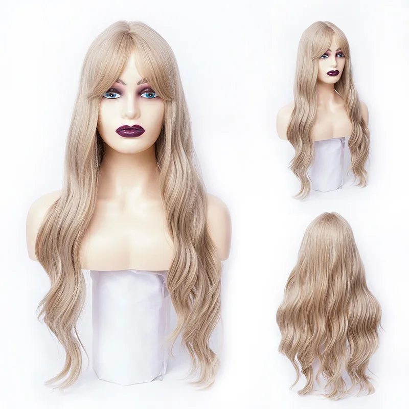 

Hot-selling European and American wigs, women's long curly hair, eight-character bangs, big waves, natural blonde, whole chemica