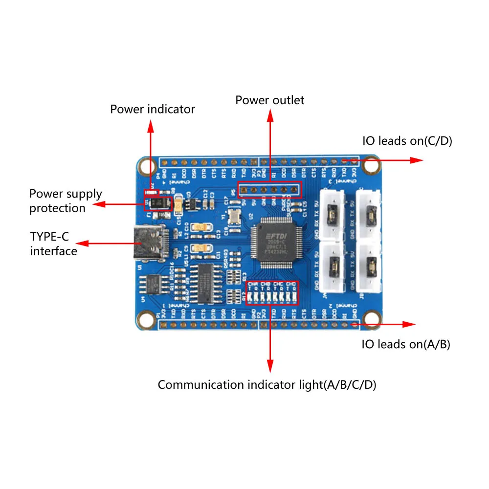 4Bit 5V USB to UART Converter Module FT232HL USB Type-C HUB TTL Signal Communicator Compatible with 5V Level