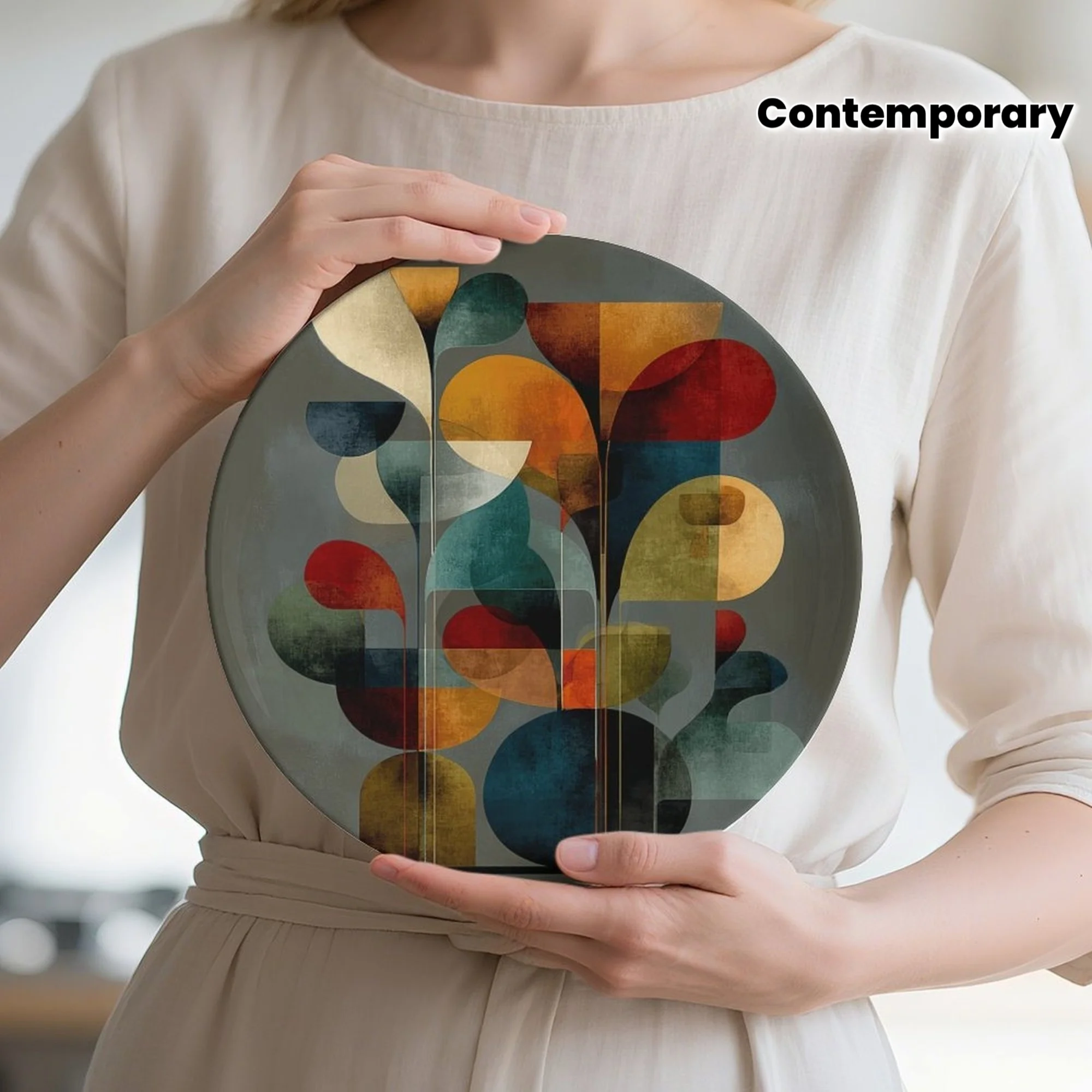 1pc Modern Abstract Shapes Decorative Plate - Non-Food Contact Ceramic Wall & Tabletop Art, Contemporary Geometric Design in