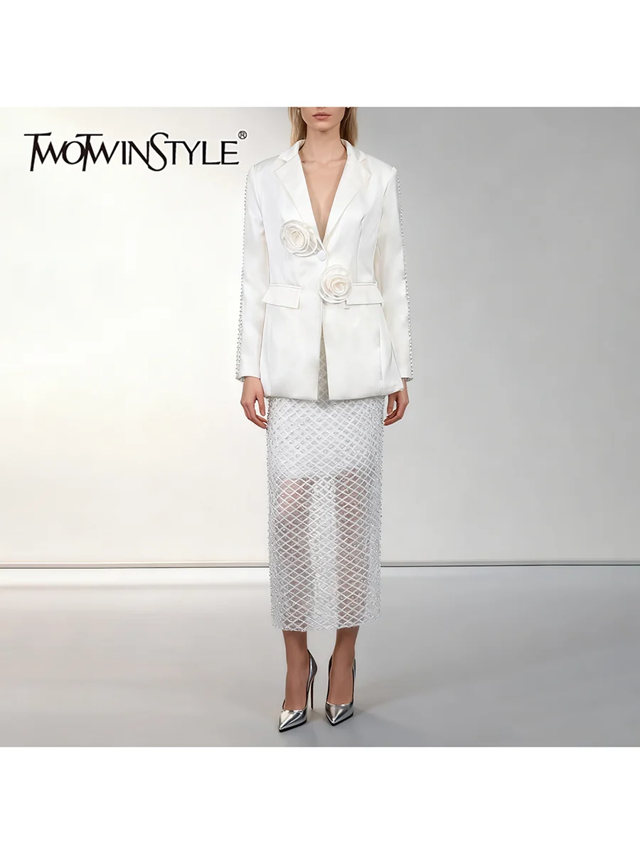 

TWOTWINSTYLE однотонные комплекты из двух предметов из бисера для женщин, лоскутный пиджак с длинными рукавами и лацканами, 3D цветок, прозрачная юбка, женский комплект