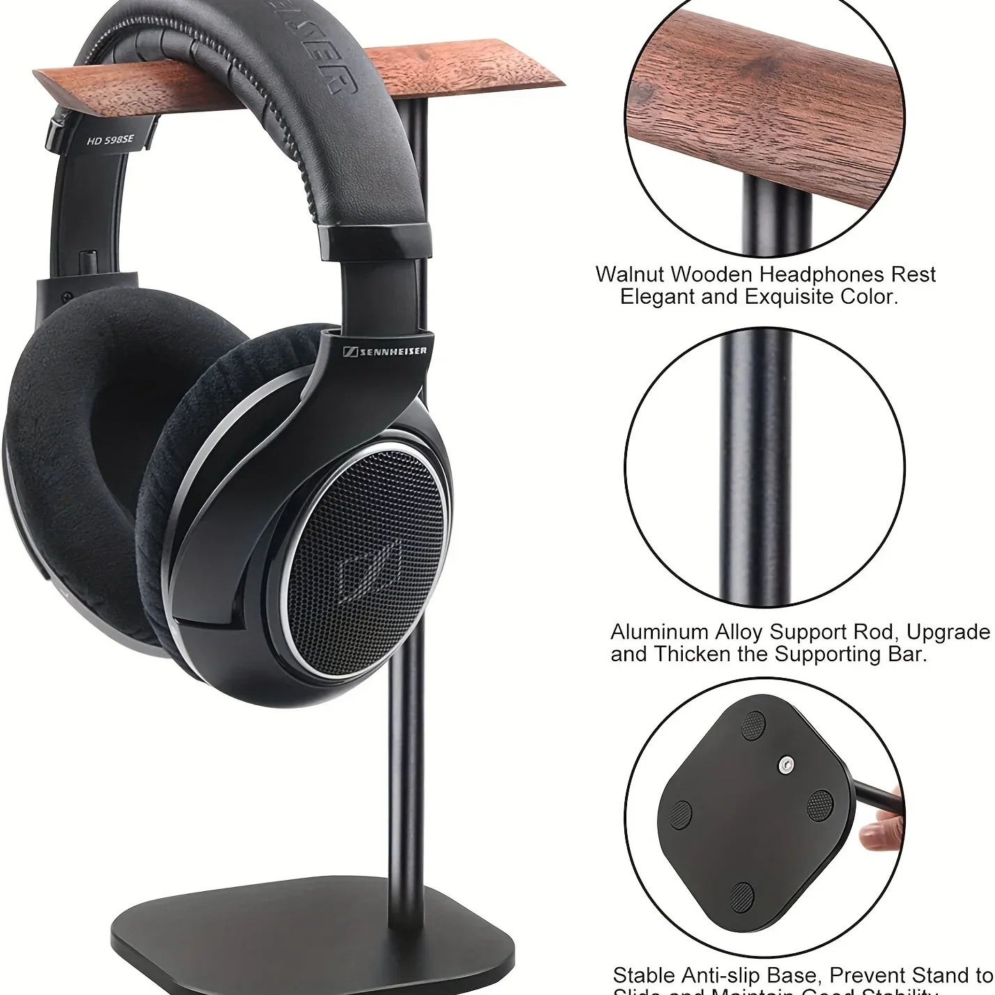

OKCSC Suspension Aluminum Alloy Support Hanger Headset Holder Headphone Stand Walnut Wood Headset Stand Support Dual Headphones