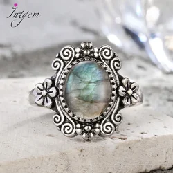 Vintage 925 Sterling Silver Labrodorite Ring with Oval Natural Stone 8x10mm Flower Ring Fine Jewerly Rings for Women Men