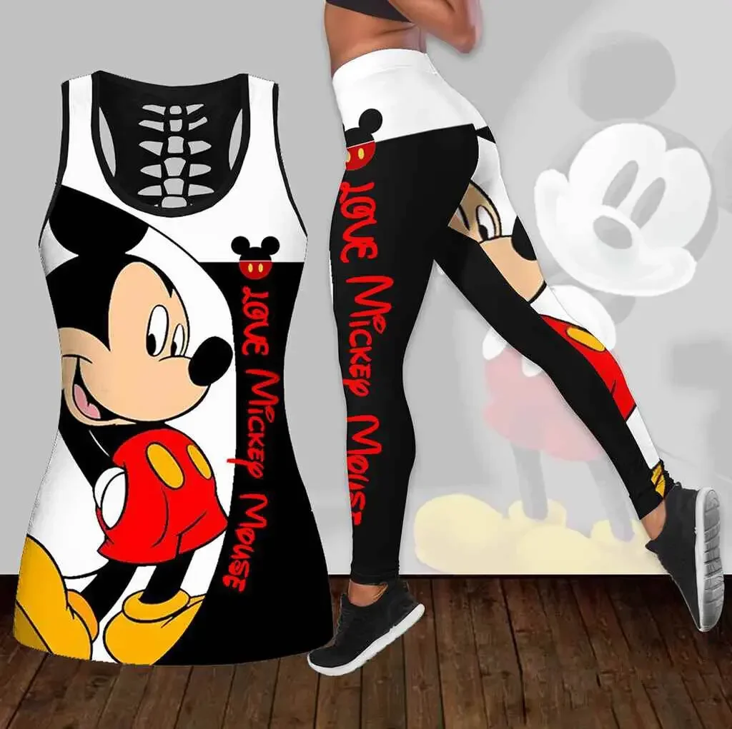 New Mickey Mouse Women's Hollow Vest + Womens Leggings Yoga Suit Fitness Leggings Sports Suit Disney Tank Top Legging Set Outfit