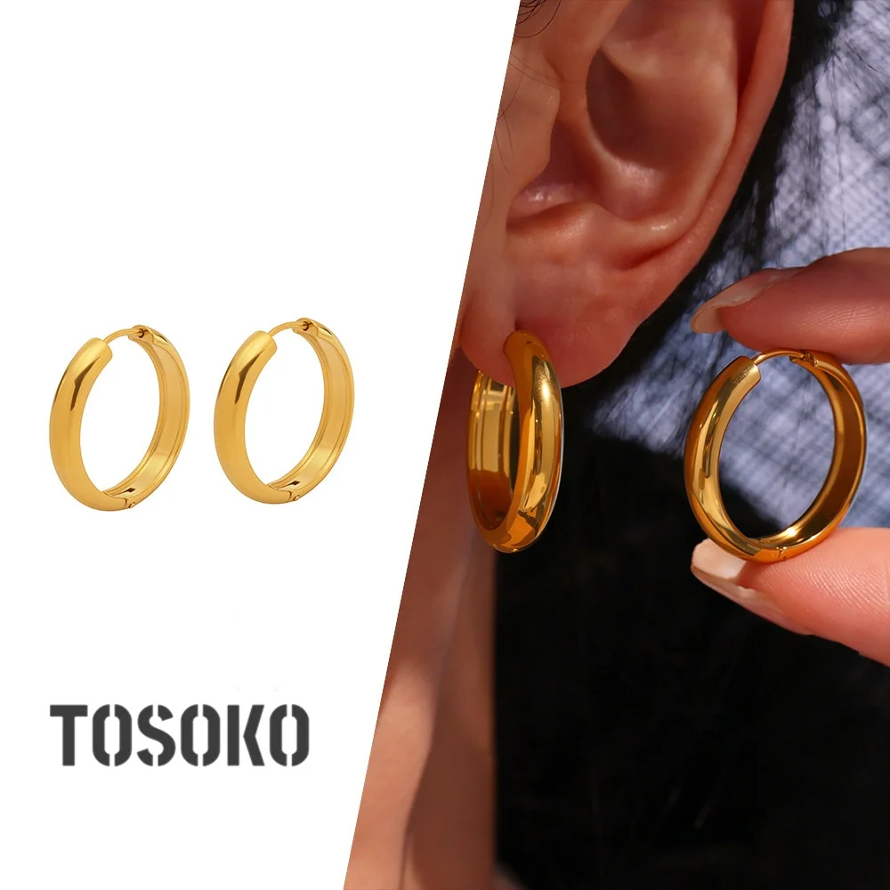 TOSOKO Round Plain Ring Ear Buckle Ear Ring Women's Stainless Steel Plated 18K Gold Simple Sleeping Non Removable Earrings F1015