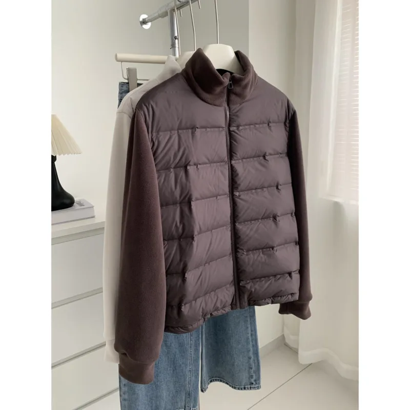 가을 겨울 얇은 플리스 다운 재킷/다운 베스트, 여성용 화이트 덕 다운 스탠드 칼라 캐주얼 지퍼 재킷