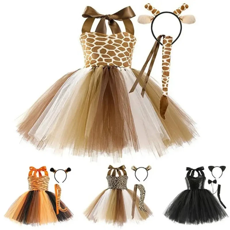 Leopard Tiger Cat Giraffe Costumes for Baby Girls Christmas Birthday Outfit Clothes for Kids Toddler Animal Halloween Tutu Dress