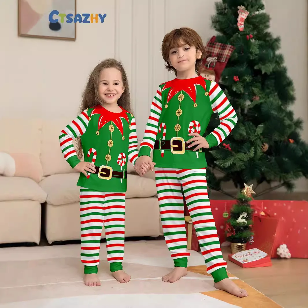 

2025 New Christmas parent-child outfits,Green and red striped printed home wear family pajama sets, Cristmas Family Pijama