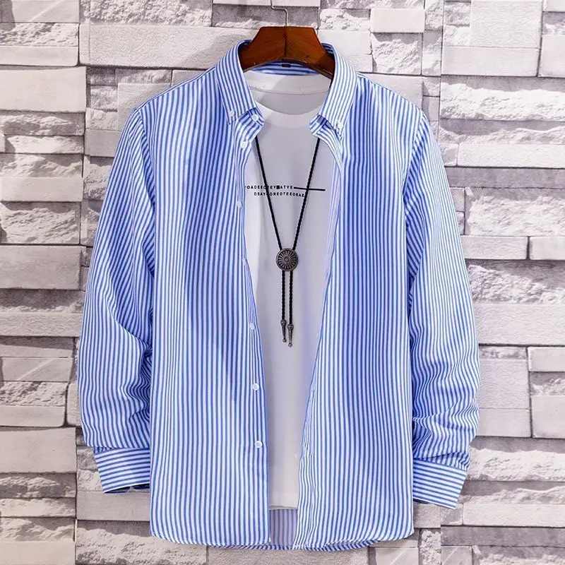 

Blue Striped Slim Fit Long Sve irt Thin Outerwear for Men Busin Gentleman Sle Polyester Fiber Non-fading Chinese Brand