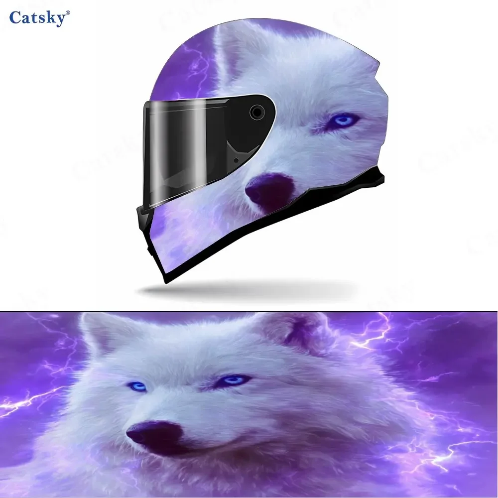 Adesivo 2D Plano de Lobo Branco com Olhos Azuis e Raio para Capacete de Moto - Cobertura Total, Autoadesivo, Impermeável, Resistente a Riscos - Adequa