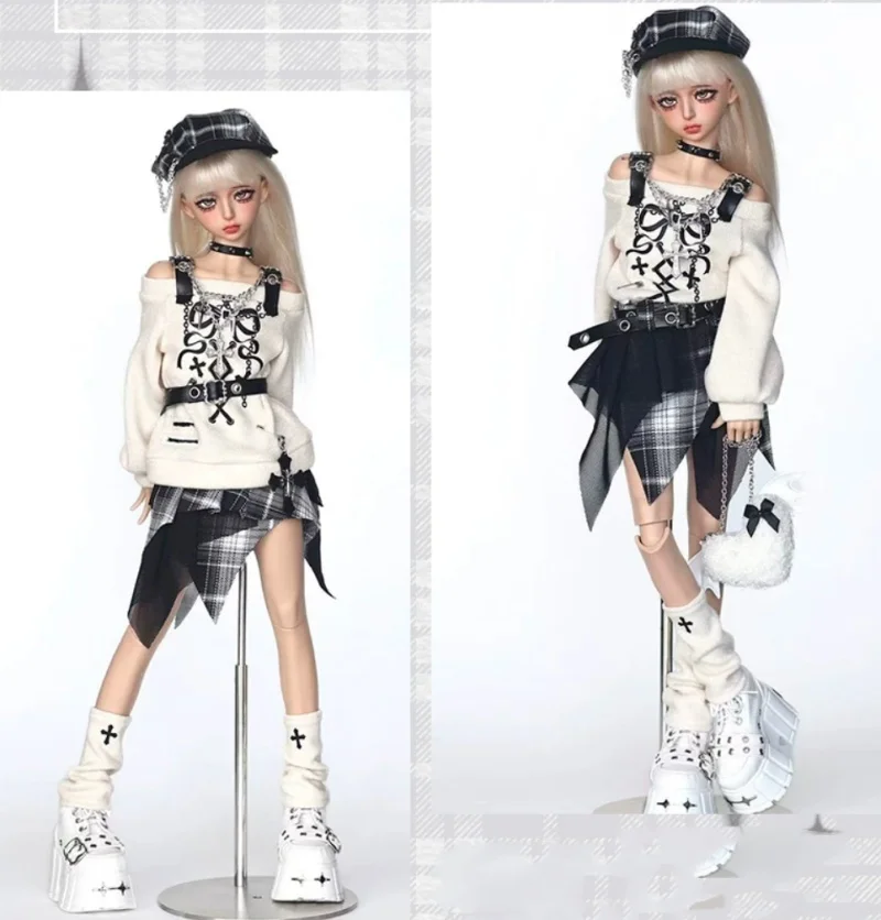 

BJD doll clothes - suitable for 1/4 size A revealing shoulder top with checkered skirt set + doll accessories