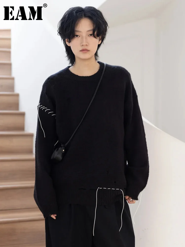 

Женский вязаный свитер EAM, Белый Свободный пуловер с круглым вырезом и длинным рукавом, большие размеры, зима 2024