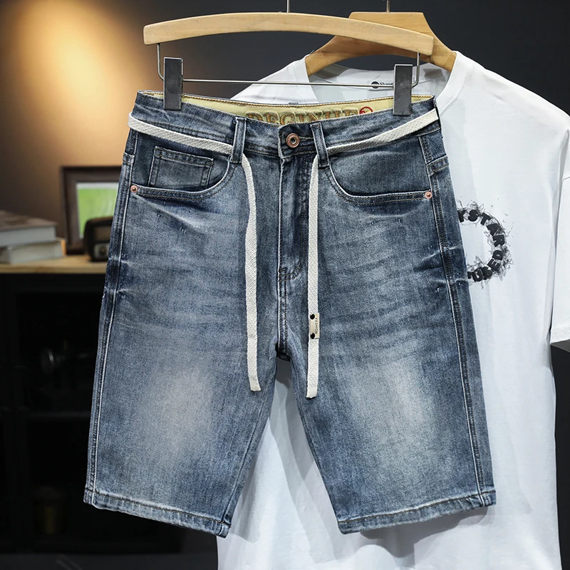 2024New Versatile Summer Thin High-End Denim Shorts Men's Stretch Casual Fashion Printing Loose Straight Fifth Pants