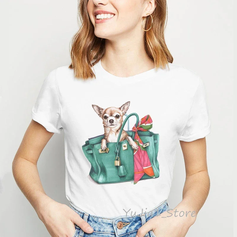 Cute Chihuahua In Bag Print Women Shirt Dog Lover Clothes Tee Shirt Femme Kawaii T Shirt White Female T-Shirt Diy Custom Tshirt