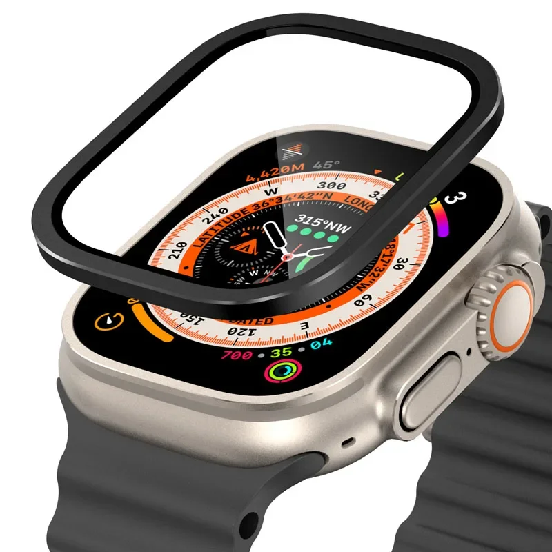 Gehärtetes Glas für Apple Watch Ultra 49 mm, Titan-Metallrahmen, kratzfeste Folie für Displayschutzfolie der Serie Ultra 2, Zubehör