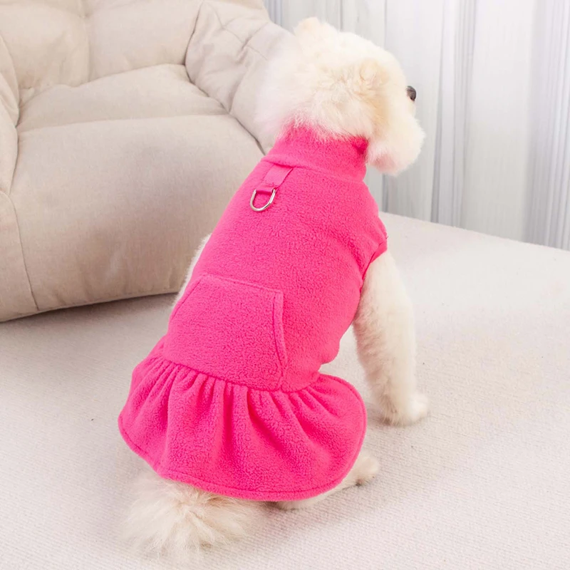 Solid Color High Collar Fleece Pet Dress Pullover Princess Dress Classic Pockets Hook Dog Clothes For Small Dogs Pet Supplies