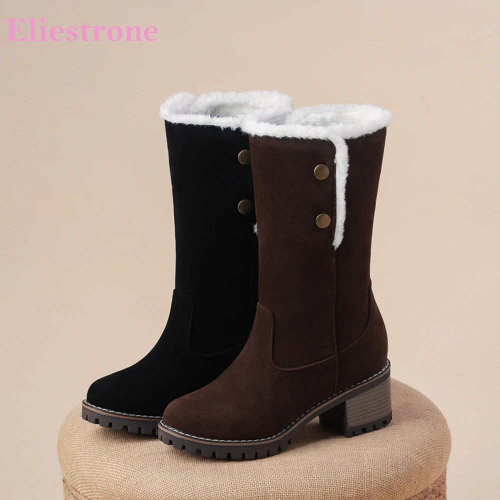 

2025 Winter New Warm Black Brown Women Snow Boots Thick Lining 6cm High Heels Lady Casual Shoes Plus Big Size 43