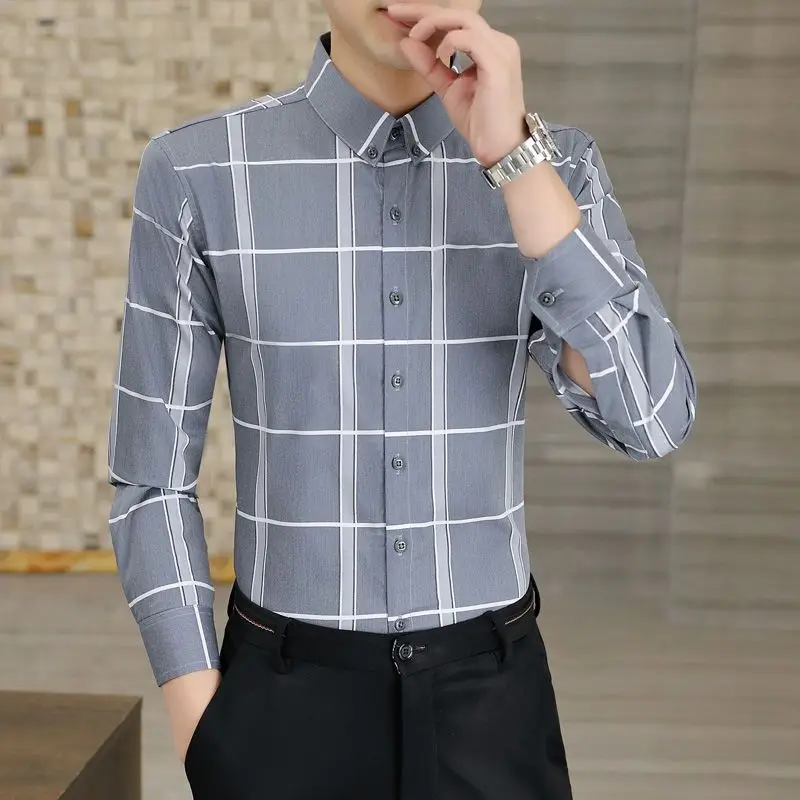 Smart Casual Spring Autumn New Men Clothing Shirts Lapel Plaid Single Breasted Fashion Luxury Business Slim Long Sleeve Tops