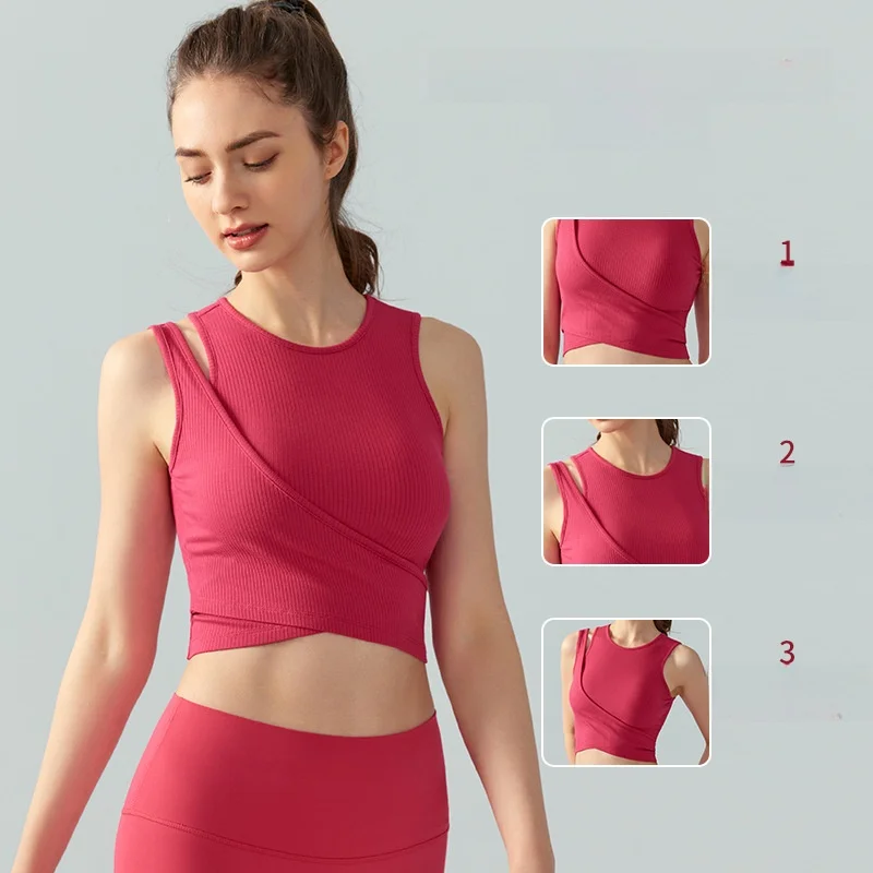 

Women's Fitness Wear Top with Chest Pad Asymmetric Shoulder Strap Yoga Sports Outdoor Simple Two-Piece Stitching Design